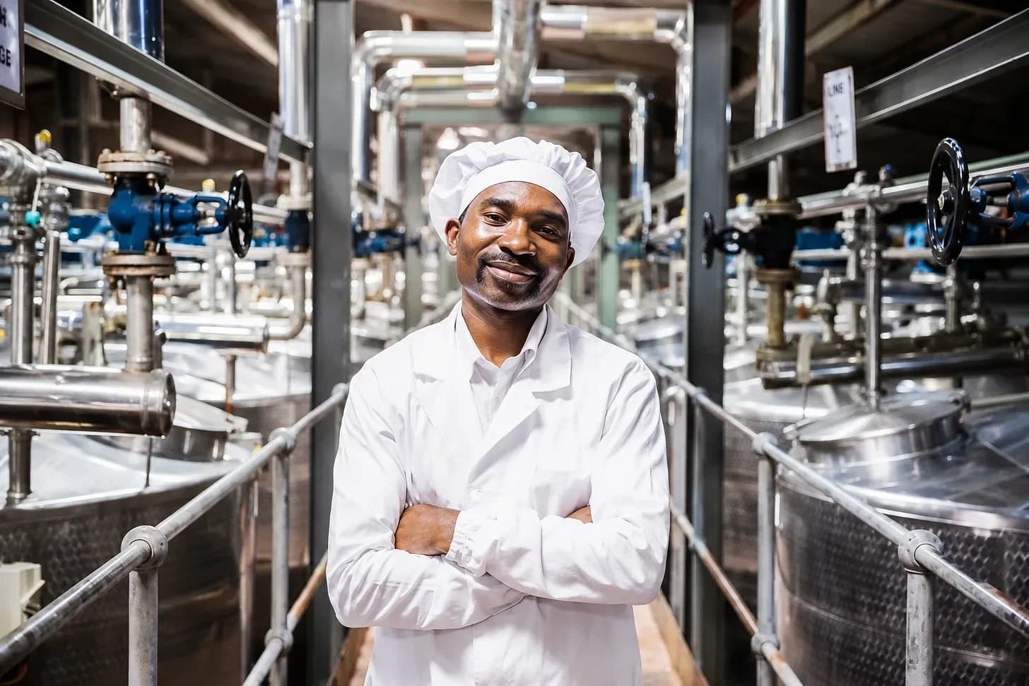 A factory worker in a white coat and cap standing between stainless-steel processing tanks